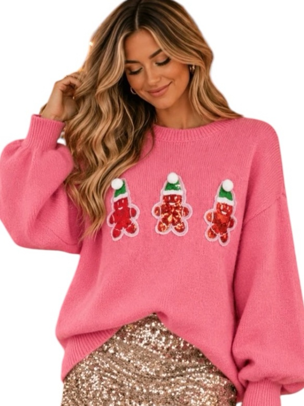 362:  LOVELO NWT SEQUIN GINGERBREAD SWEATER PINK MAUVE (H35)